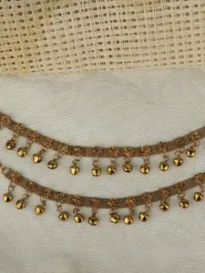 ANIKAS CREATION Gold Plated Stone Studded Ghungroo Anklets