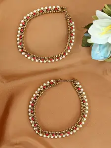 ANIKAS CREATION Gold Plated Red CZ Stone-Studded Anklets