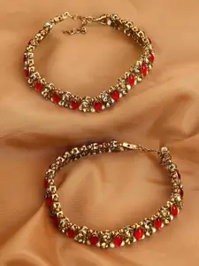 ANIKAS CREATION Set Of 2 Gold-Plated Stone-Studded & Beaded Anklets