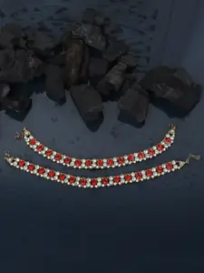 ANIKAS CREATION Set Of 2 Gold-Plated Stone-Studded & Beaded Anklets