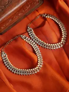 ANIKAS CREATION Set Of 2 Gold-Plated Kundan-Studded & Beaded Anklets
