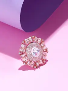 AMI Rose Gold-Plated Cubic Zirconia Studded Finger Ring