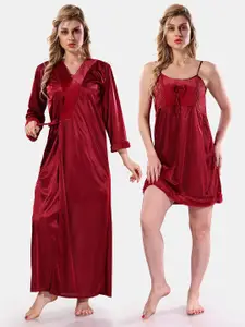 Be You Square Neck Lace Up Details Satin Nightdress With Robe