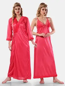 Be You V Neck Lace Up Details Satin Maxi Nightdress With Robe