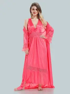 Be You V-Neck Lace Up Details Satin Maxi Nightdress With Robe