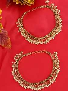 ANIKAS CREATION Set Of 2 Gold-Plated Kundan-Studded & Beaded Anklets