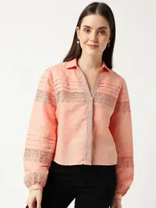Marks & Spencer Lace Inserted Cuffed Sleeves Linen Cotton Shirt Style Top