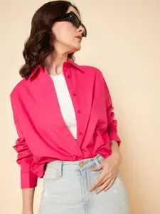 High Star oversized solid cotton pink casual shirt