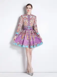 JC Collection Ethnic Motifs Printed High Neck Fit & Flare Dress