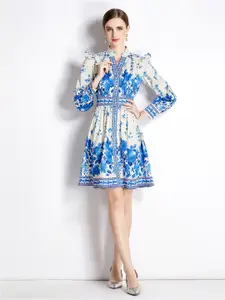 JC Collection Floral Printed Cuffed Sleeves Fit And Flare Dress