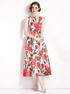 JC Collection Floral Printed Sleeveless Midi A-Line Dress