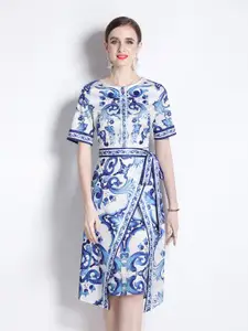 JC Collection Floral Printed Boat Neck Midi A-Line Dress with Belt
