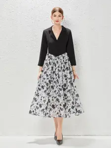 JC Collection Floral Printed Lapel Collar Midi A-Line Dress