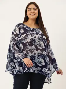 theRebelinme Plus Size Floral Print Bell Sleeve Georgette Longline Top