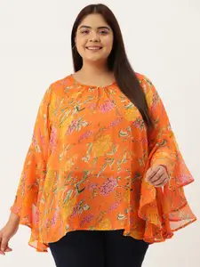 theRebelinme Plus Size Floral Print Bell Sleeve Georgette Longline Top