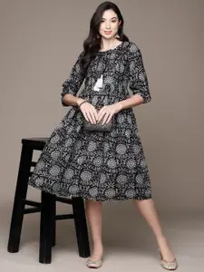 Anubhutee Ethnic Motifs Print Embellished Tie-Up Neck Puff Sleeves A-Line Ethnic Dress