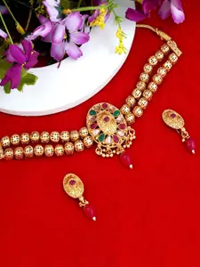 MANSIYAORANGE Gold-Plated Stone-Studded & Beaded Temple Necklace & Earrings