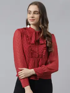 Latin Quarters Tie-Up Neck Puff Sleeves Ruffles Top