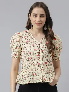 Latin Quarters Floral Printed V-Neck Puff Sleeves Top