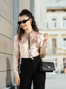 SASSAFRAS Peach-Coloured Satin Finish Shirt Style Top