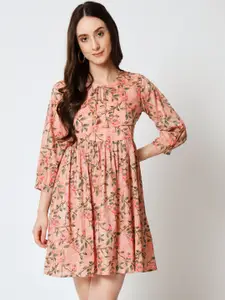 Mishpra Floral Printed Puff Sleeves Pure Cotton Fit & Flare Dress