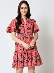 Mishpra Floral Printed Flared Sleeves Pure Cotton Fit & Flare Dress