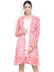 SCORPIUS Coral & White Printed Open Front Shrug