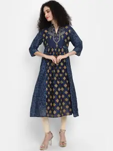 V-Mart Mandarin Collar Ethnic Motifs Printed Sequined A-Line Kurta
