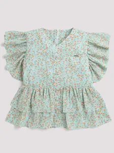 Tiny Girl Floral Printed V-Neck Flutter Sleeves Regular Top