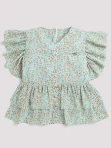 Tiny Girl Floral Printed V-Neck Flutter Sleeves Regular Top
