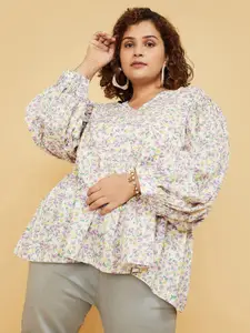 max Plus Size Floral Printed Puff Sleeves Pure Cotton Top