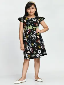 Bella Moda Girls Abstract Printed Pure Cotton Fit & Flare Dress With Belt