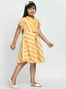 Bella Moda Girls Striped Flared Sleeves Pure Cotton Fit & Flare Dress With Belt