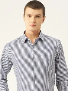 English Navy Men Slim Fit Opaque Striped Formal Shirt
