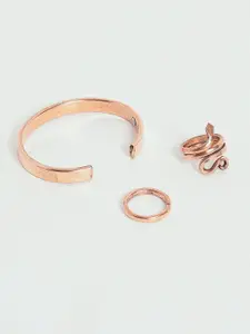 EL REGALO Set Of 3 Gold-Plated Rings & Bracelet With Engraved Details Jewellery Set