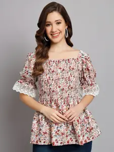 Funday Fashion Funday Fashion Floral Printed Puff Sleeves Smocked Peplum Top