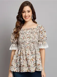 Funday Fashion Funday Fashion Floral Printed Puff Sleeves Smocked Peplum Top
