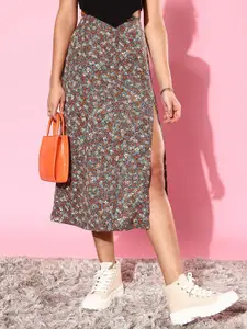 StyleStone Grey Floral Printed Front-Slit Midi Skirt