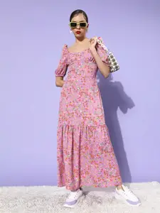 StyleStone Floral Printed Sweetheart Neck Georgette Maxi A-Line Dress