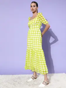 StyleStone Checked Georgette Sweetheart Neck Puff Sleeves A-Line Dress