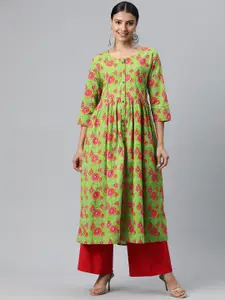 KALINI Women Green & Red Floral Printed Thread Work Floral Kurta