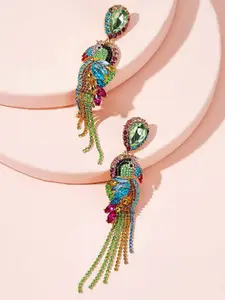 Yellow Chimes Gold-Plated Parrot Shaped Stone Studded Drop Earrings