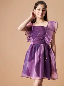 Cherry & Jerry Girls Striped Flutter Sleeves Ruffled Organza Fit & Flare Dress