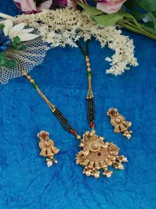 MANSIYAORANGE Gold-Plated Stones-Studded & Beaded Mangalsutra With Earrings