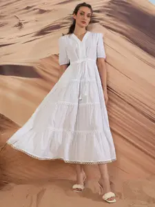 RAREISM V-Neck Flared A-Line Cotton Maxi Dress