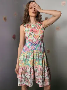 RAREISM Floral Printed Tiered A-Line Dress
