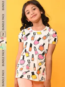 Anthrilo Girls Pack Of 2 Conversational Printed Cotton T-shirt