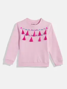 HERE&NOW Girls Floral Embroidered Pure Cotton Sweatshirt with Tassels