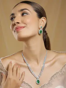 Rubans Rhodium Plated Premium White & Emerald Solitaire Zircons Pendant Necklace Set