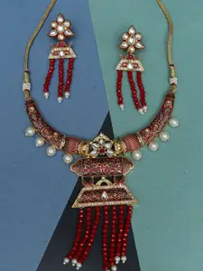 Ozanoo Gold-Plated Kundan-Studded & Beaded Antique Necklace & Earrings